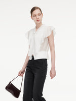 100% Cotton Ruffle Sleeve Women Blouse With Detachable Scarf Buckle GOELIA