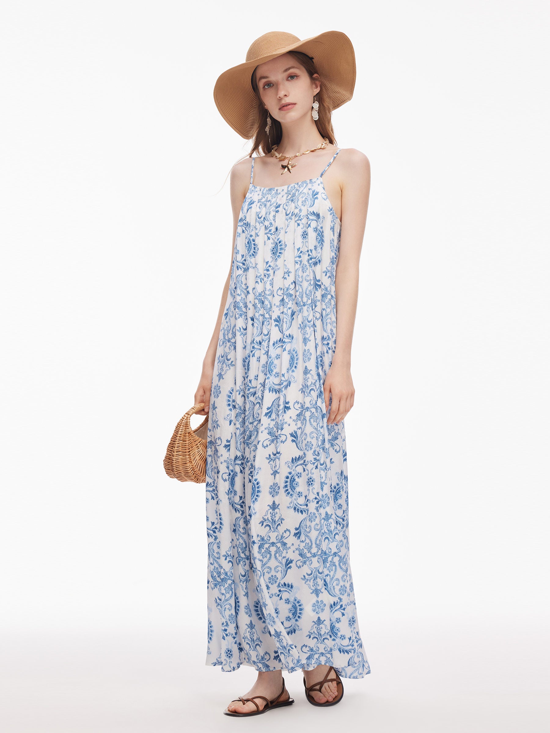 Floral Print Pleated Women Adjustable Straps Maxi Dress GOELIA