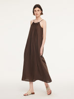 100% Linen Beaded Neck Women Strap Maxi Dress With Tie String Belt GOELIA