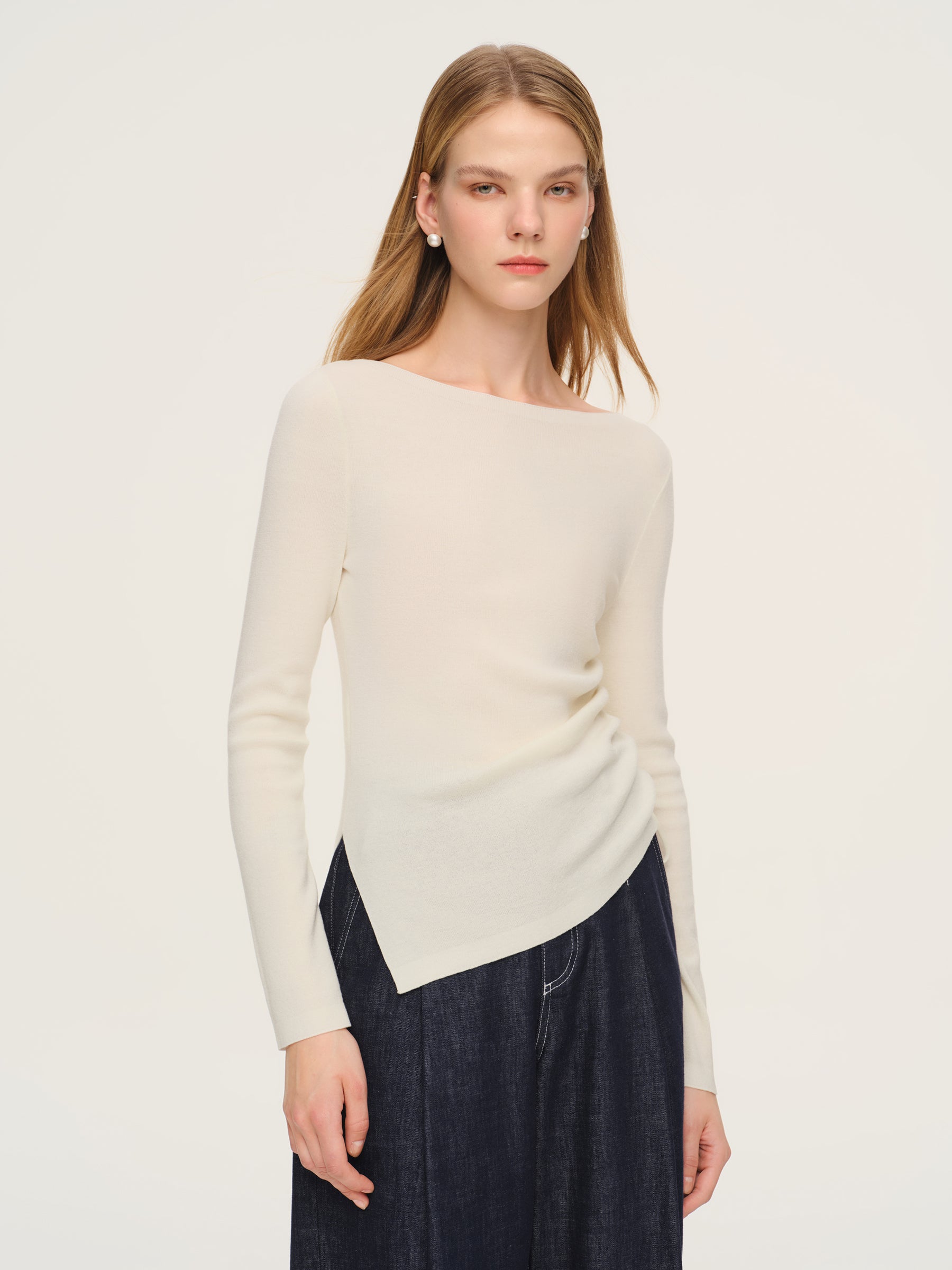 Wool Acetate Blend Boat Neck Side Drawstring Women Knit Top GOELIA