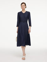 V-Neck Belted Women Maxi Dress With Detachable Floral Print Silk Collar GOELIA