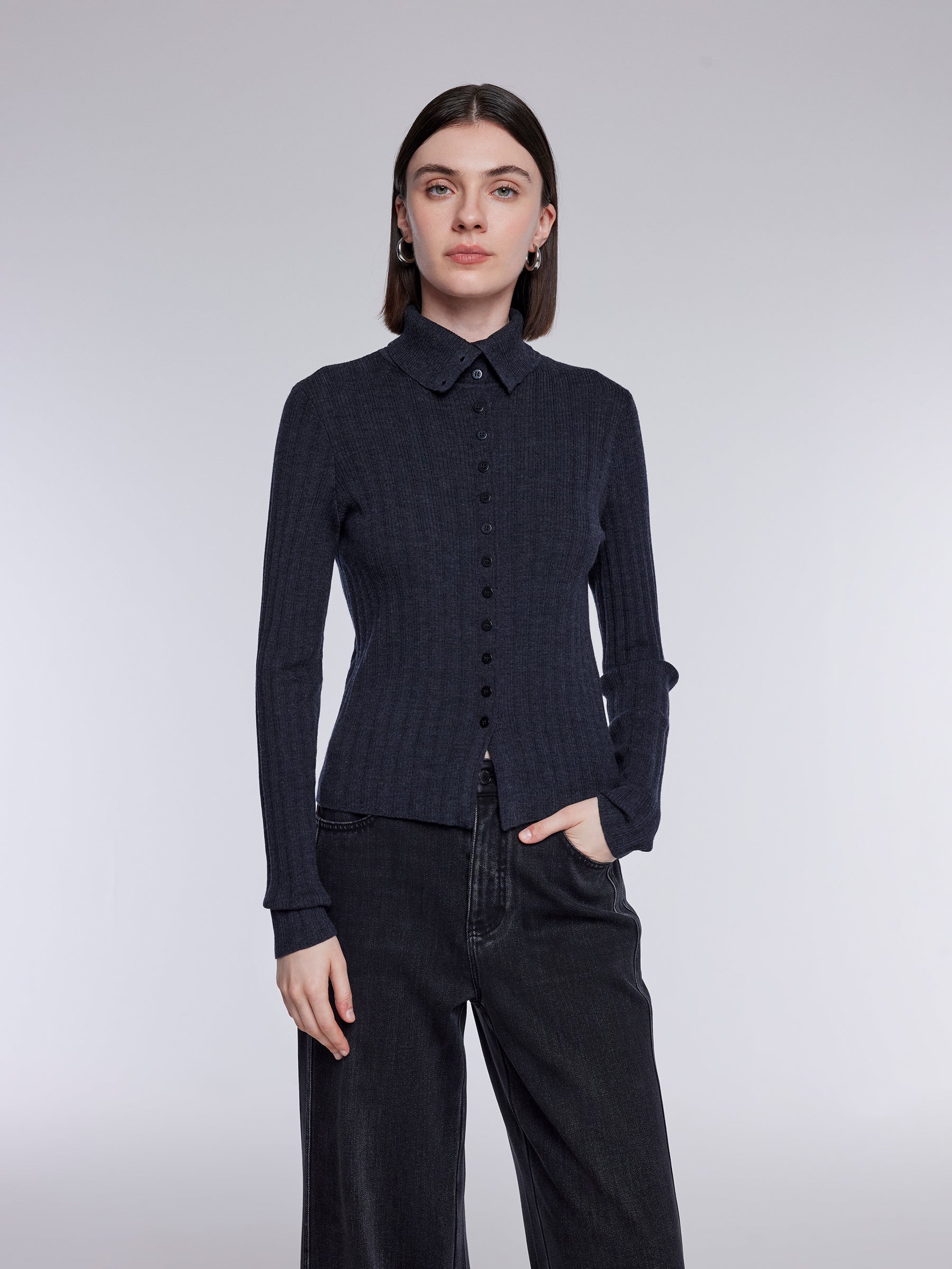 [Preview] 100% Wool Convertible Neck Women Cardigan GOELIA