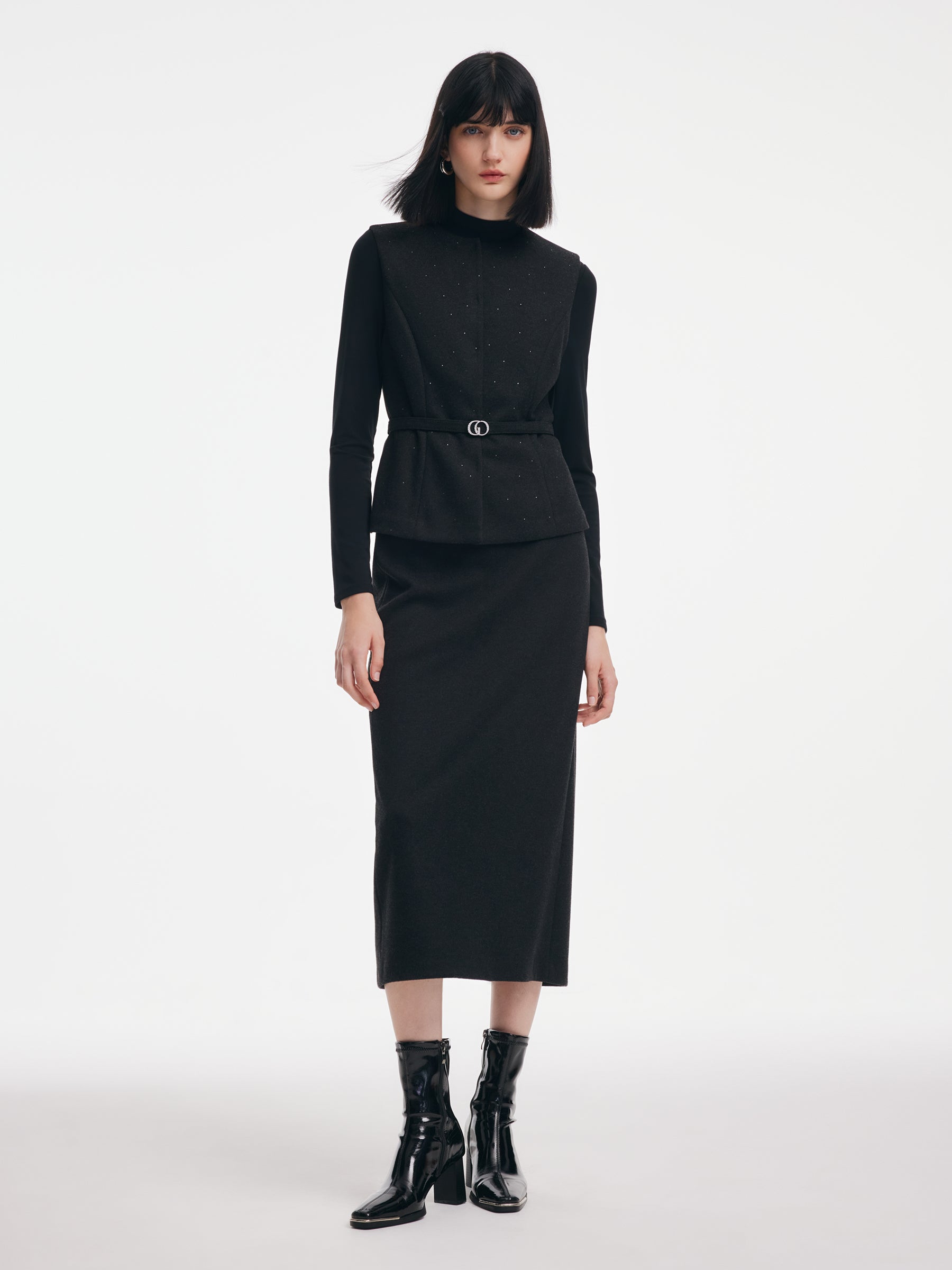 [Preview] Rhinestone Vest & Knit Top & Skirt Three-Piece Set With Belt GOELIA