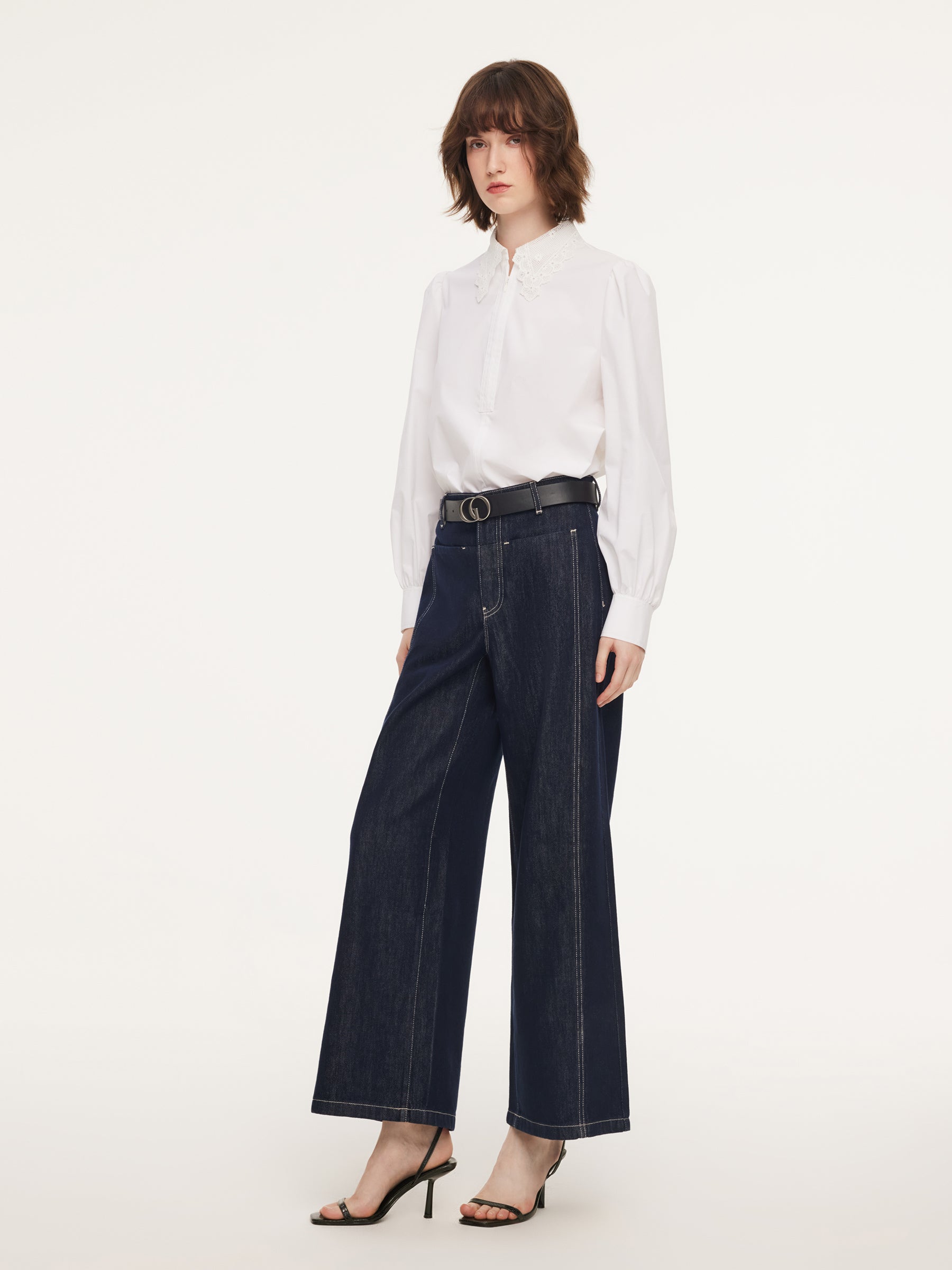 Lyocell Blend Denim Paneled Seam Women Wide Leg Jeans With Belt GOELIA