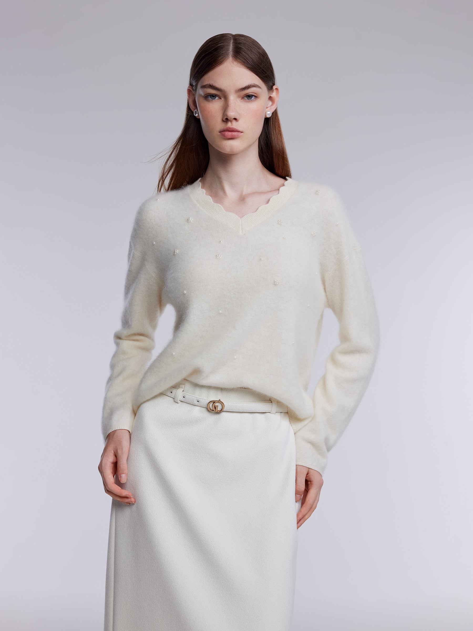 [Preview] Brushed Silk Cashmere Wool Blend Women Beaded Sweater GOELIA