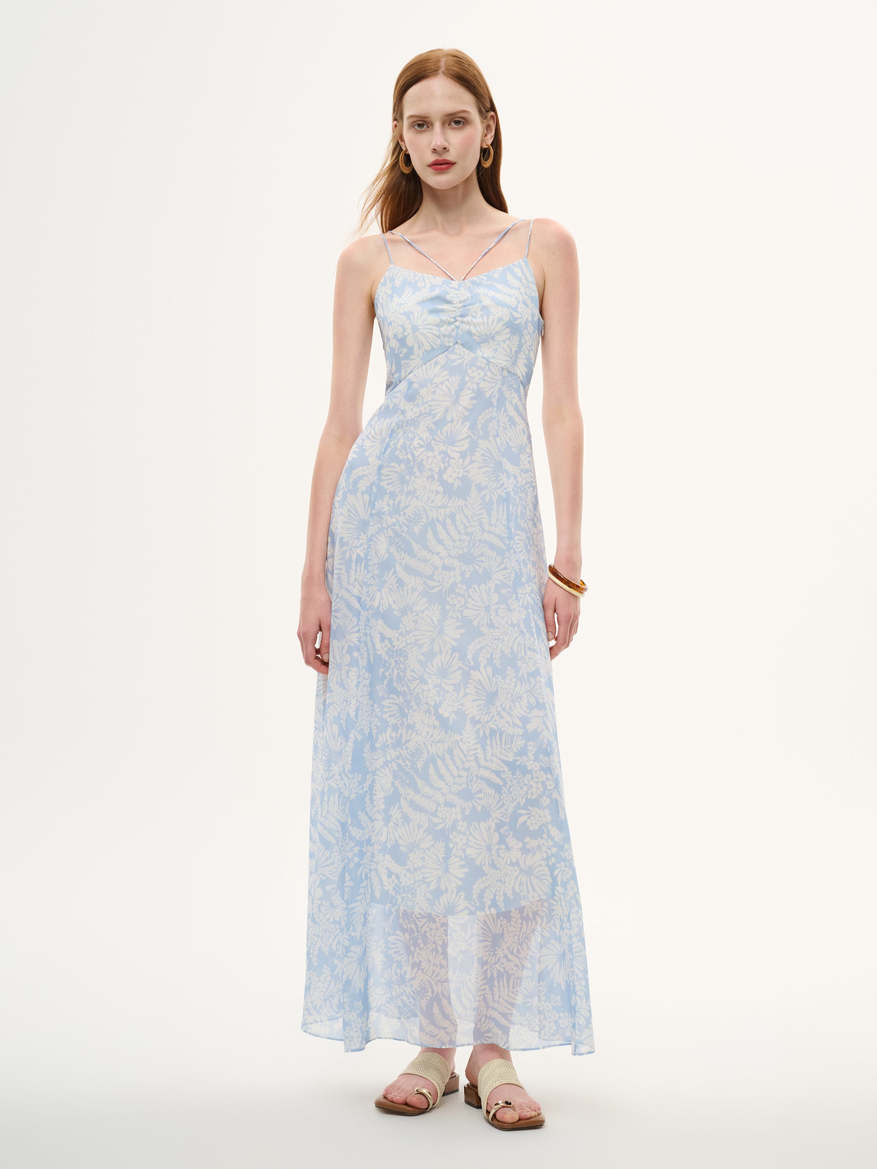 10MM Mulberry Silk Floral Print Women Strap Maxi Dress GOELIA