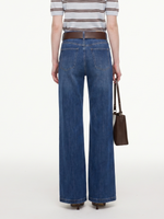 Lyocell Blend Denim Women Flared Palazzo Jeans With Belt GOELIA