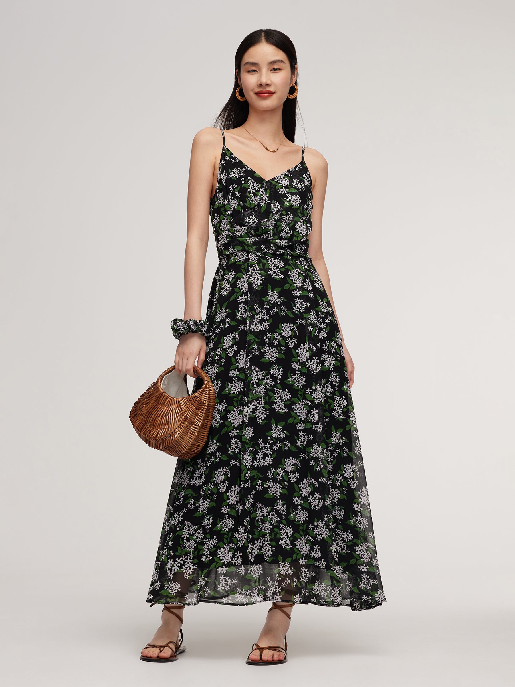 10MM Mulberry Silk Floral Print Women Strap Maxi Dress With Scrunchie GOELIA