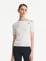 White Acetate One Shoulder Women Knit Top GOELIA
