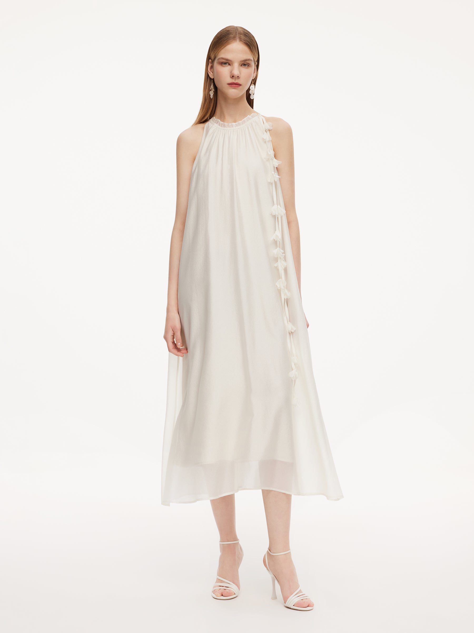 Ruffle Neckline Women Halter Maxi Dress With Floral Ribbon GOELIA