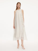 Ruffle Neckline Women Halter Maxi Dress With Floral Ribbon GOELIA
