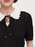 Tencel Blend Color Block Tie Front Women Openwork Knit Top GOELIA