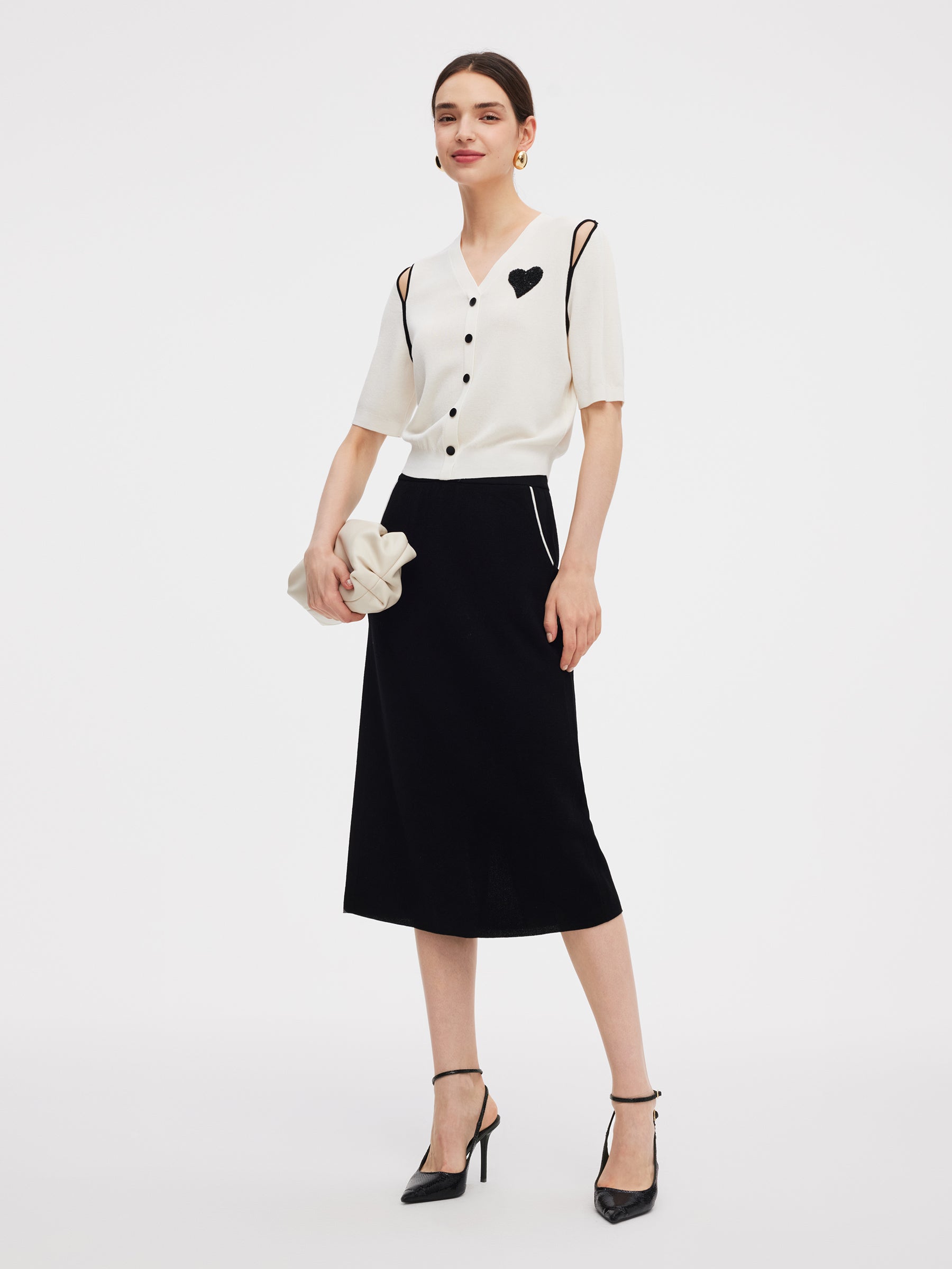 V-Neck Cut-Out Knitted Top And Half Skirt Two-Piece Set GOELIA