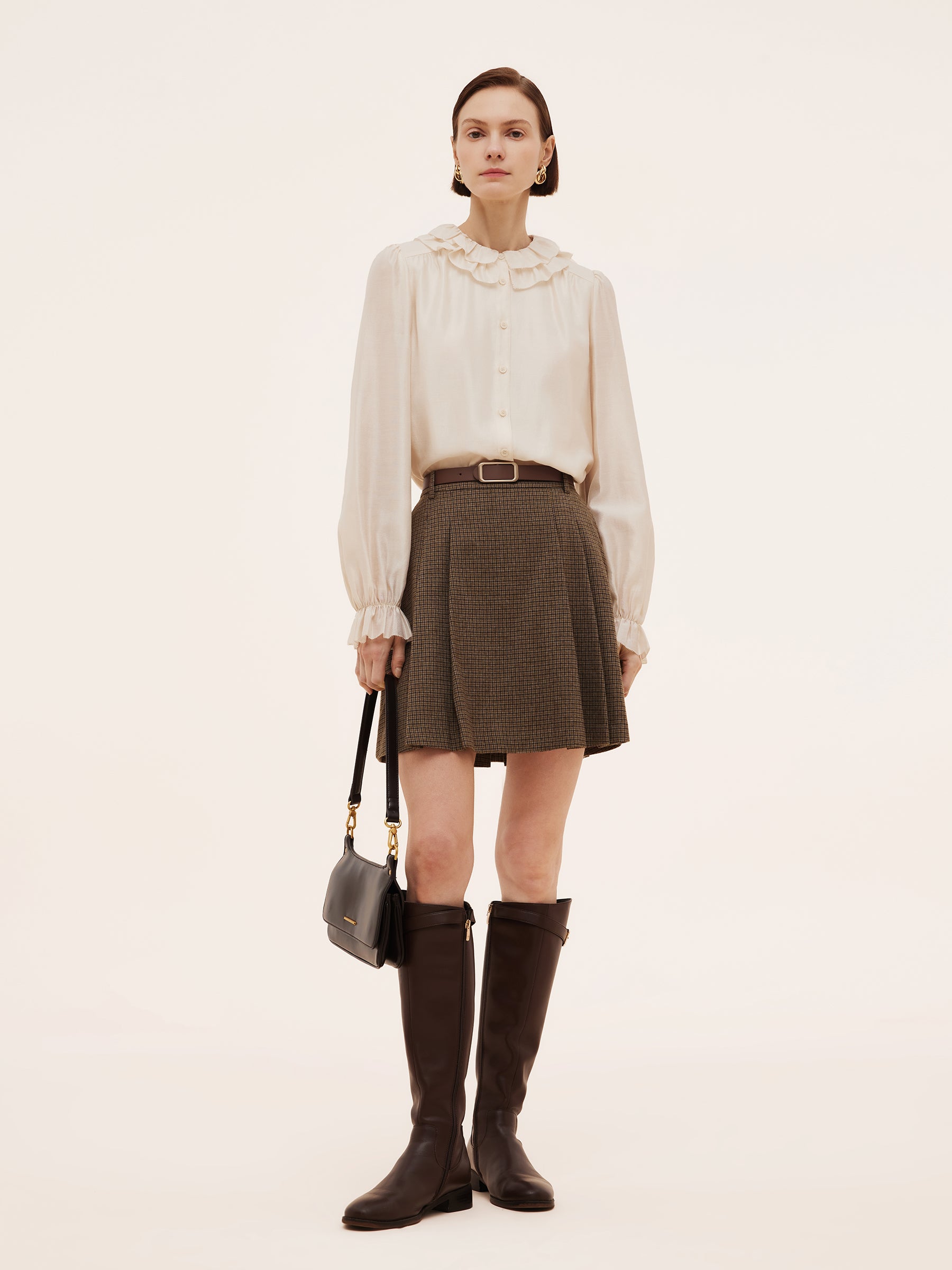 Acetate Modal Blend Ruffle Neckline Women Shirt GOELIA