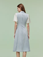 Denim Patchwork Women Puff-sleeved Midi Dress GOELIA