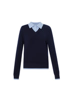 100% Wool Color Block Faux Two-Piece Women Sweater GOELIA