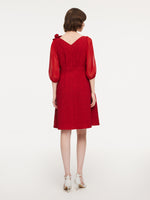 Chili Red Jacquard Boat Neck Women Midi Dress With Detachable Flower GOELIA