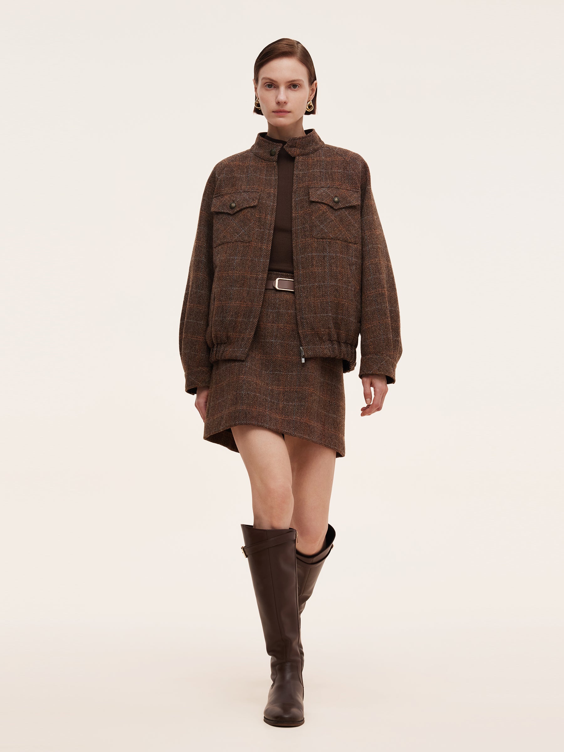 100% Wool Plaid Zip-Up Women Jacket GOELIA