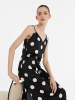 Acetate Polka Dots Printed Spaghetti Strap Women Midi Dress With Rose Belt GOELIA