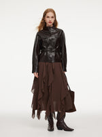 PU Leather Stand Collar Wind-Proof Women Belted Jacket GOELIA