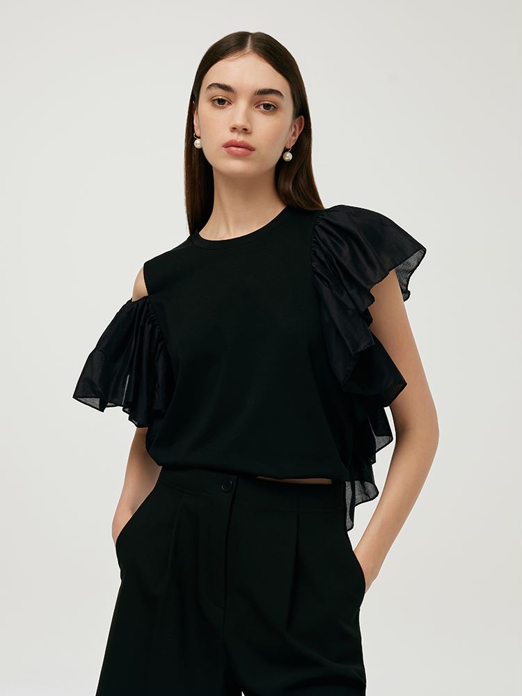 Asymmetric Patchwork Ruffle Women T-Shirt GOELIA