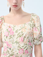 19MM Mulberry Silk Floral Print Women Square Neck Midi Dress GOELIA