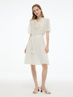 Tencel Blend Sequins Embroidered Women Midi Dress With Tie String Belt GOELIA