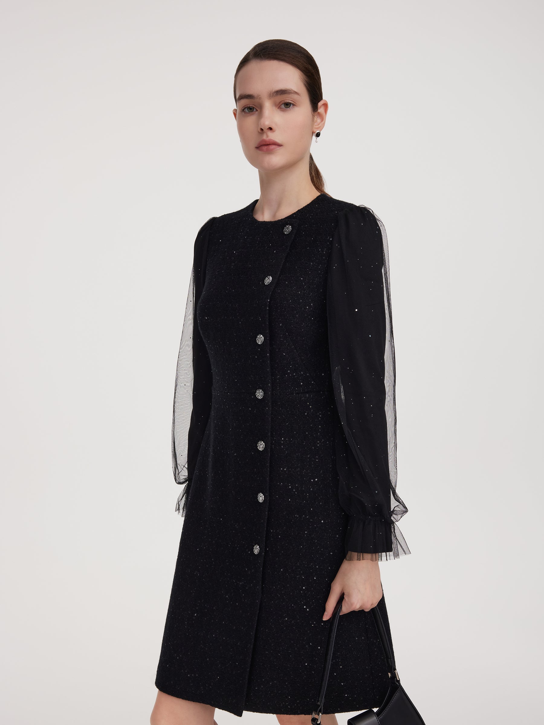 [Preview] Wool Blend Tweed Sequins Women Long Sleeve Mini Dress GOELIA