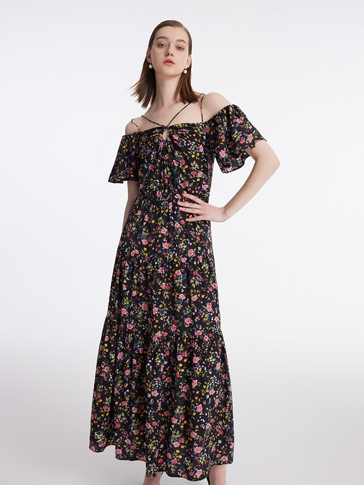 16 Momme Mulberry Silk Rose Printed Off Shoulder Women Maxi Dress GOELIA