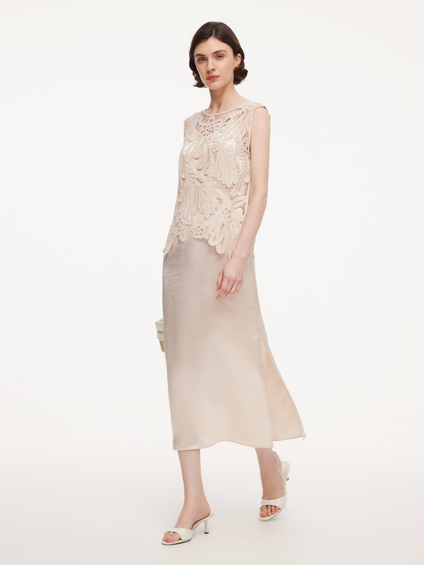 100% Acetate Openwork Crochet Tank Top And Slip Dress Two-Piece Set GOELIA