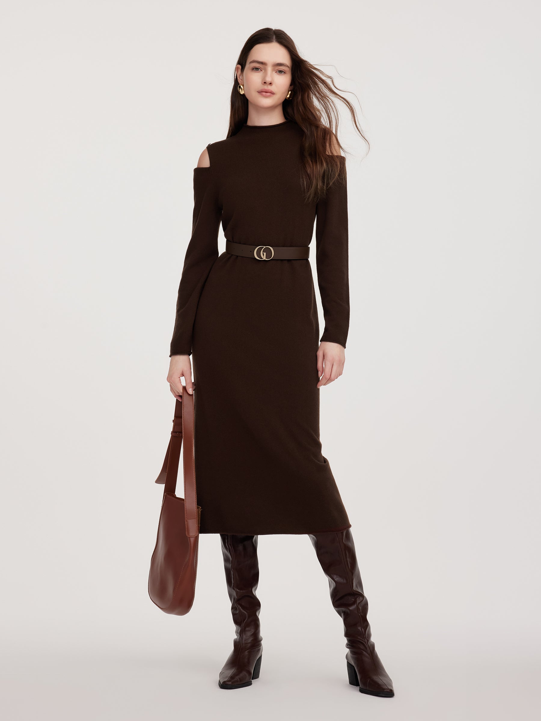 100% Wool Mock Neck Women Knit Maxi Dress GOELIA