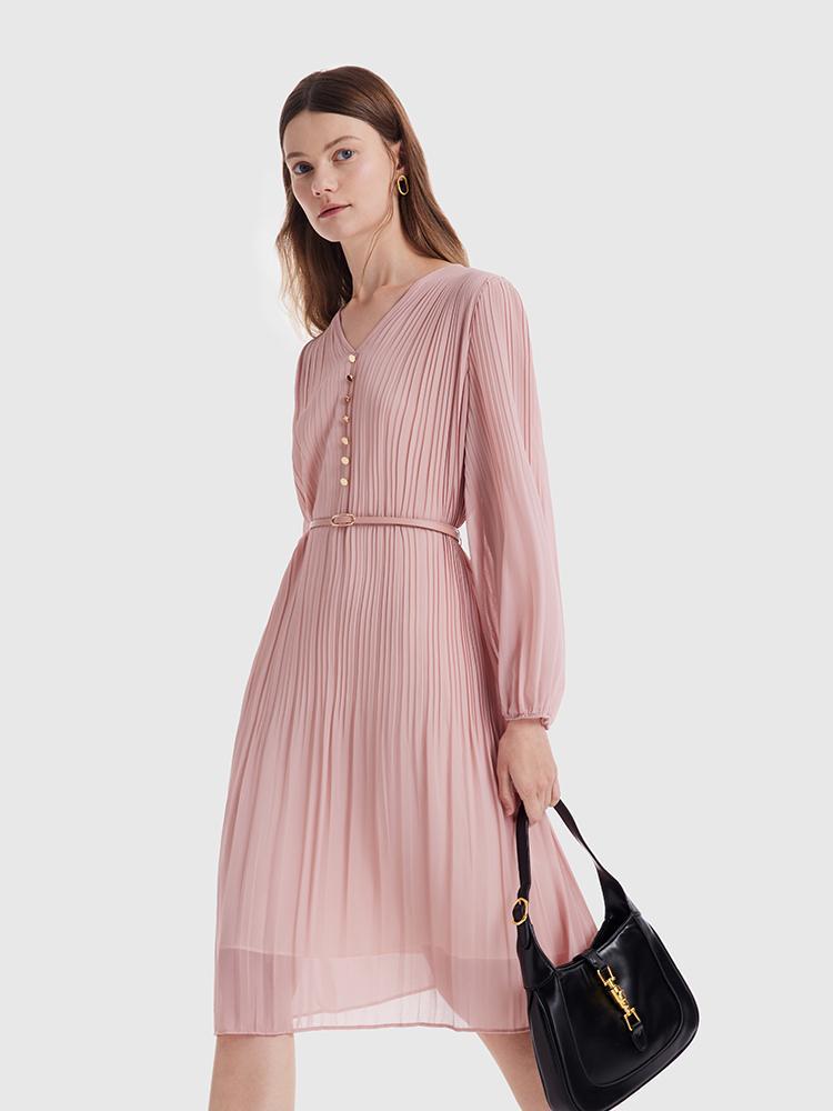 Pink Ruched Midi Dress With Belt GOELIA