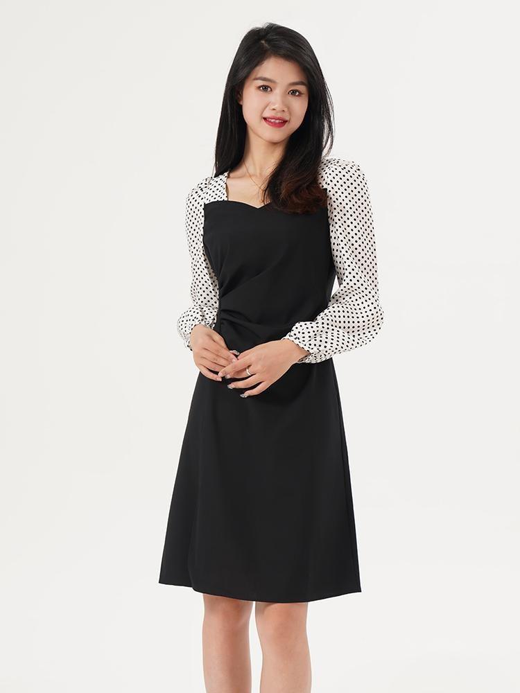Worsted Wool Patchwork Gathered Waist Dress GOELIA