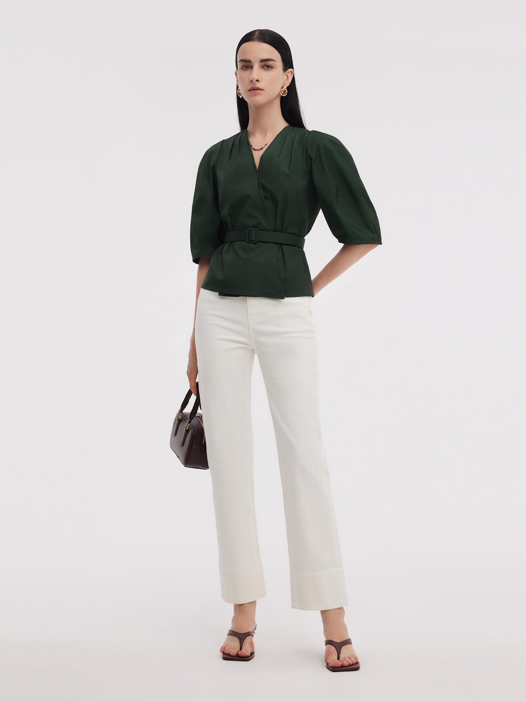 Dark Green V-Neck Women Blouse With Belt GOELIA
