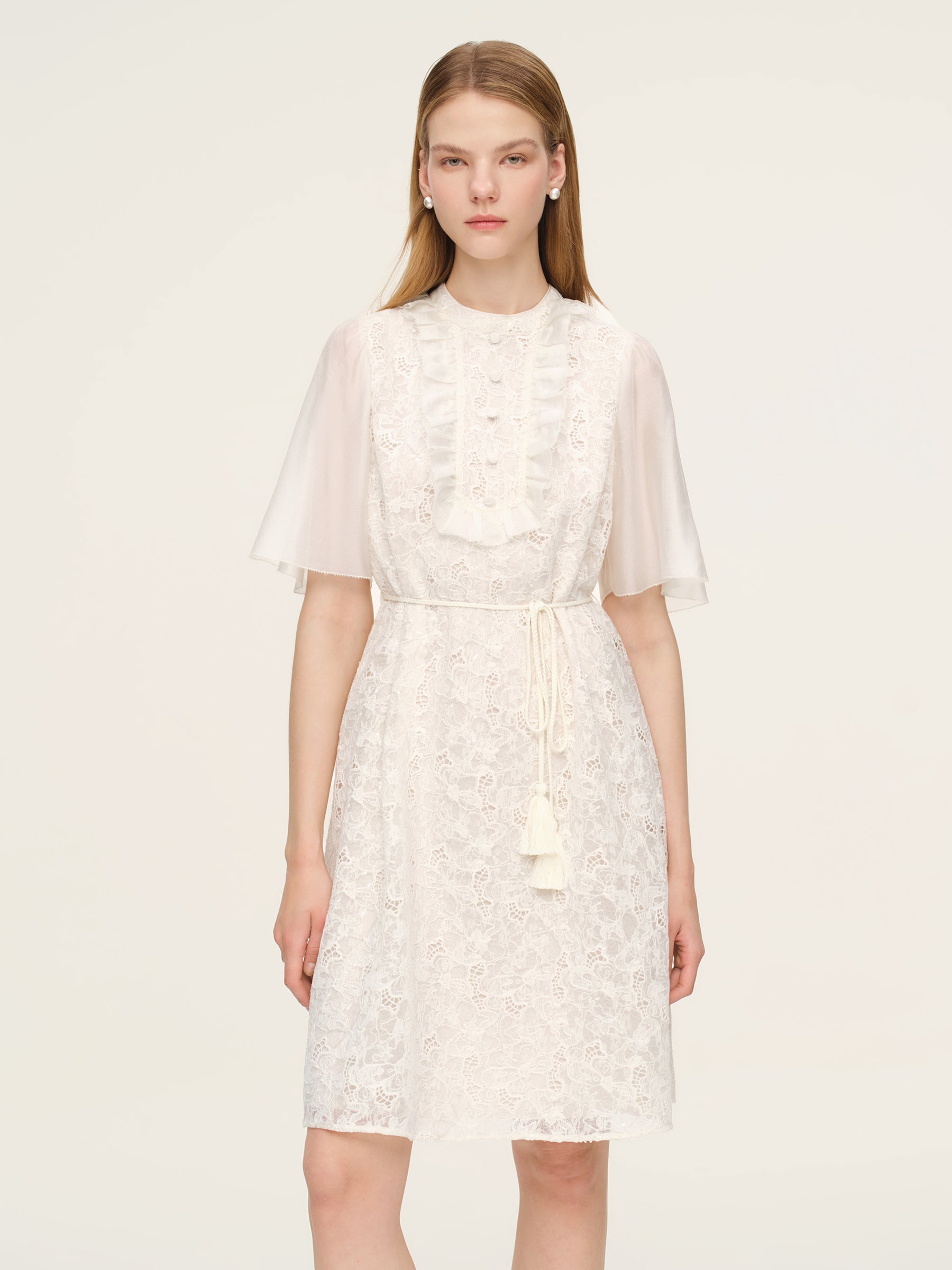 Lace Ruffle Sleeve A-Line Women Mini Dress With Tie-String Belt And Scrunchie GOELIA