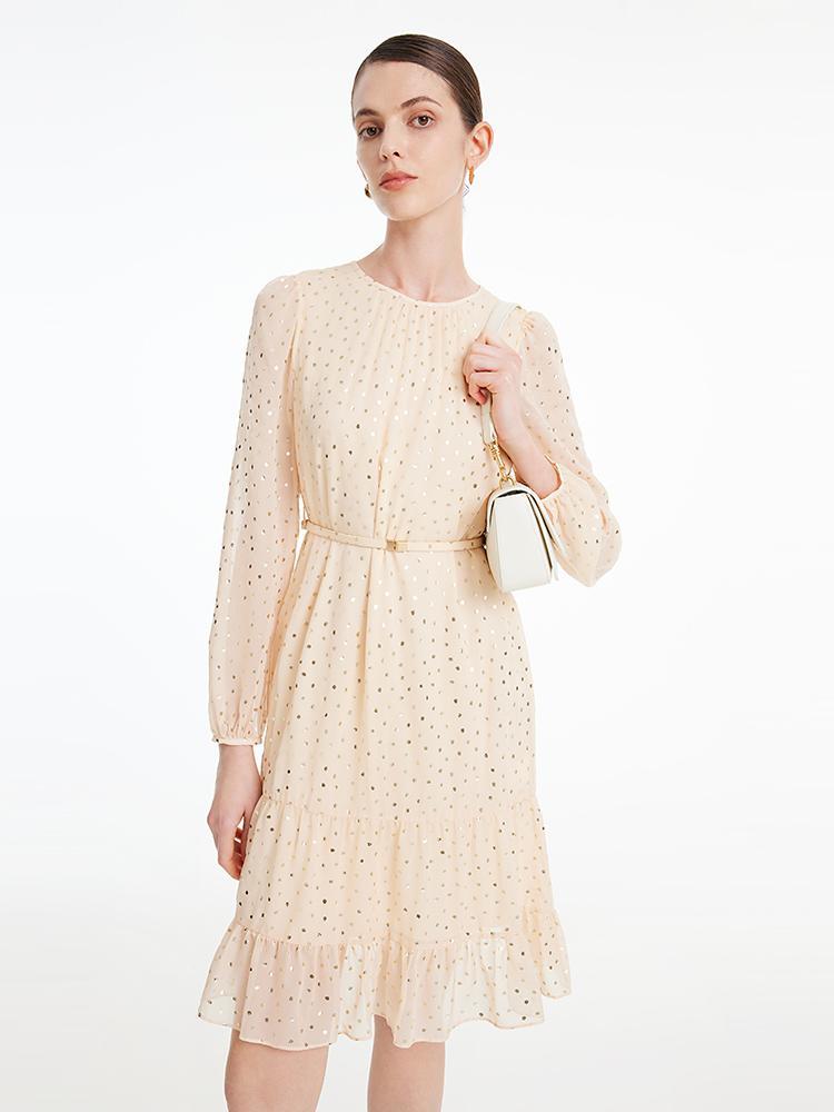 10 Momme Silk Polka Dot Midi Dress With Belt GOELIA