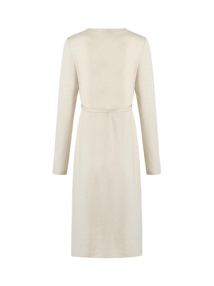 Beige Knitted Gathered Waist Dress GOELIA