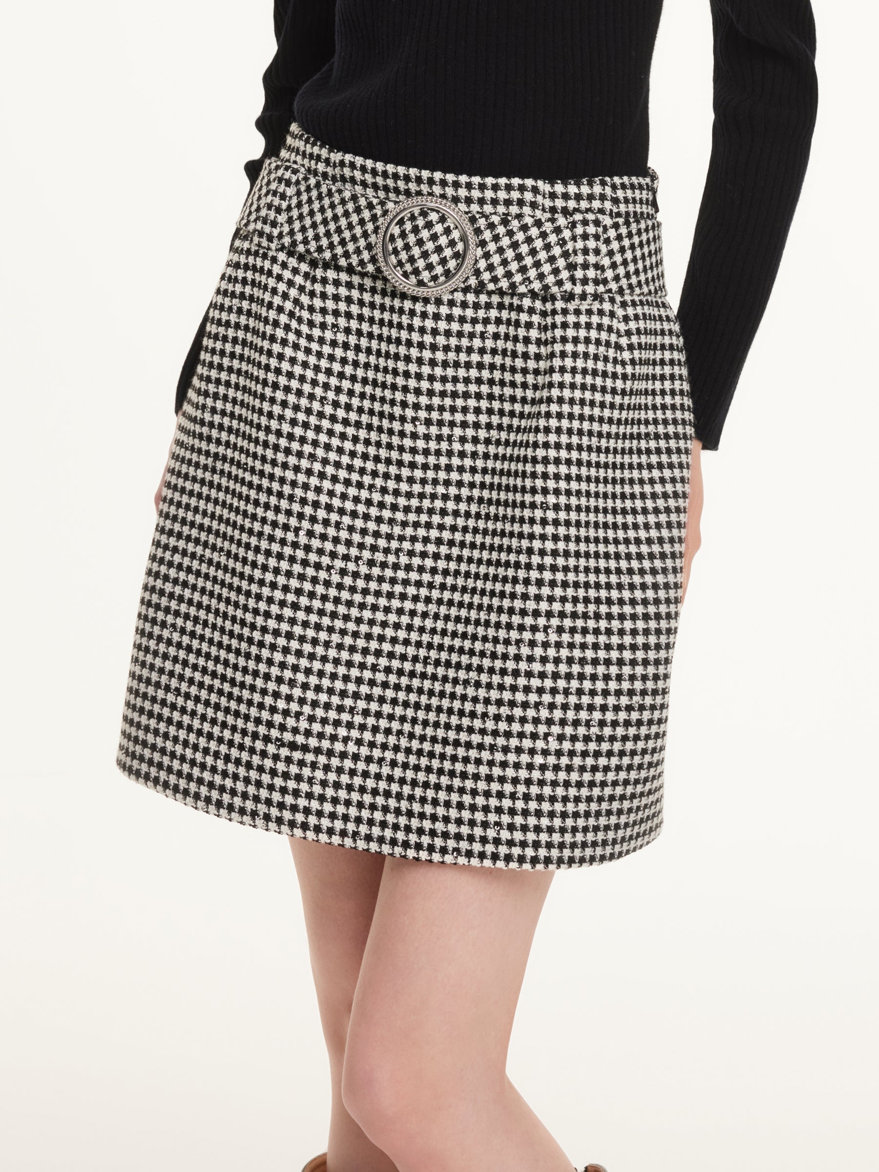 Black And White Houndstooth Women A-Line Skirt With Belt GOELIA