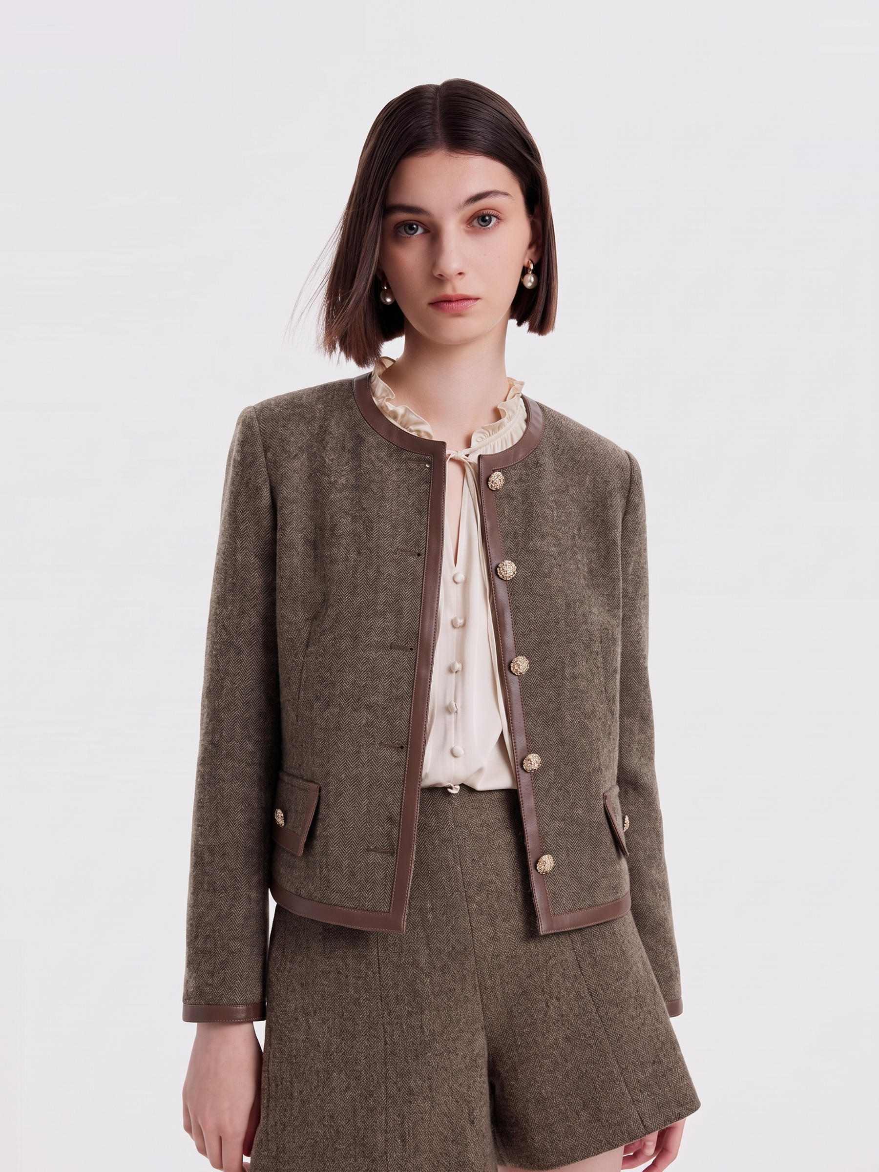 100% Washable Wool Leather-Trimmed Women Jacket GOELIA