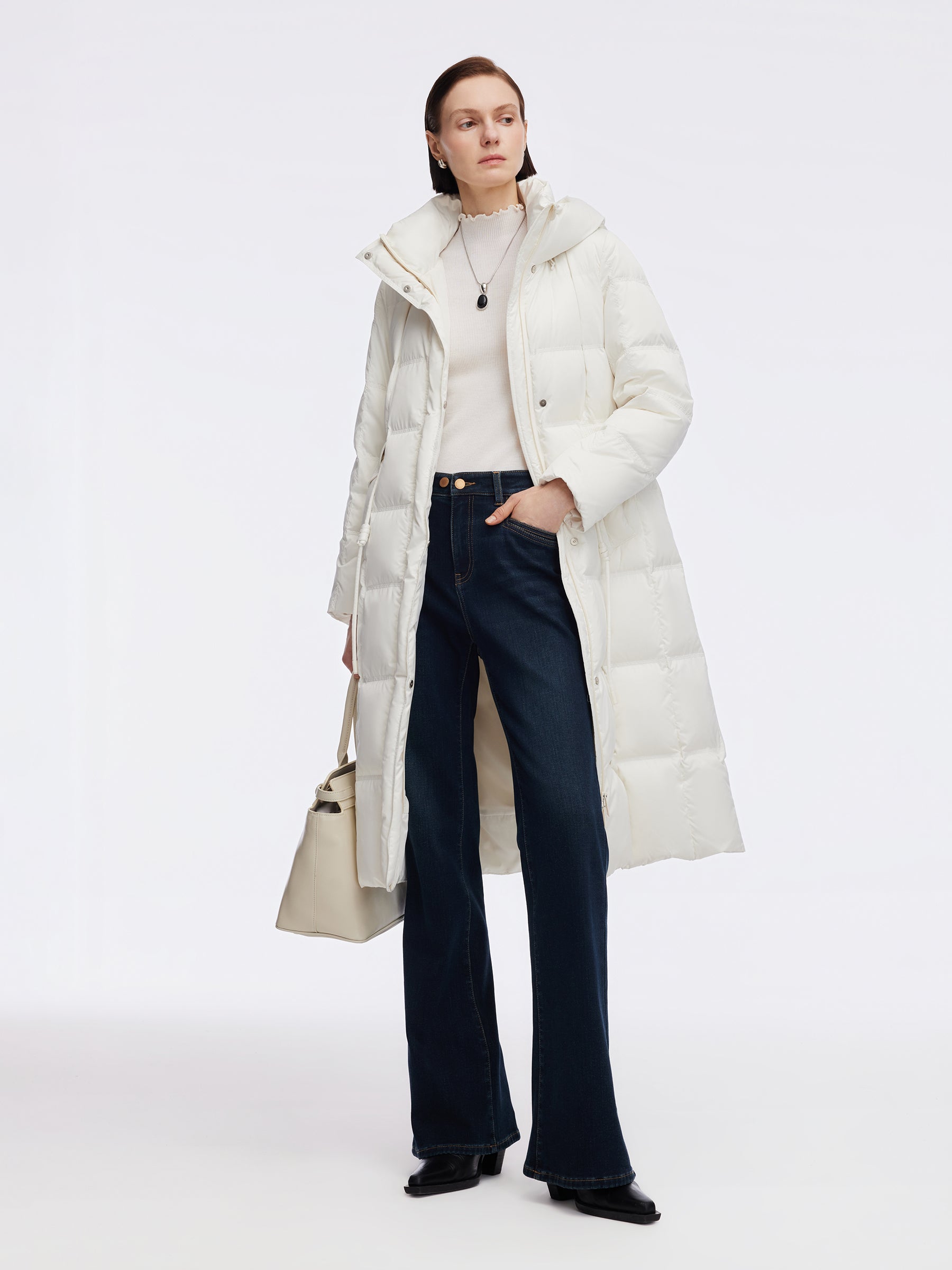 [Preview] Drawstring Adjustable Waist Hooded Long Goose Down Coat GOELIA