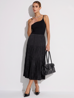 Lyocell Blend Patchwork Women Strap Pleated Maxi Dress GOELIA