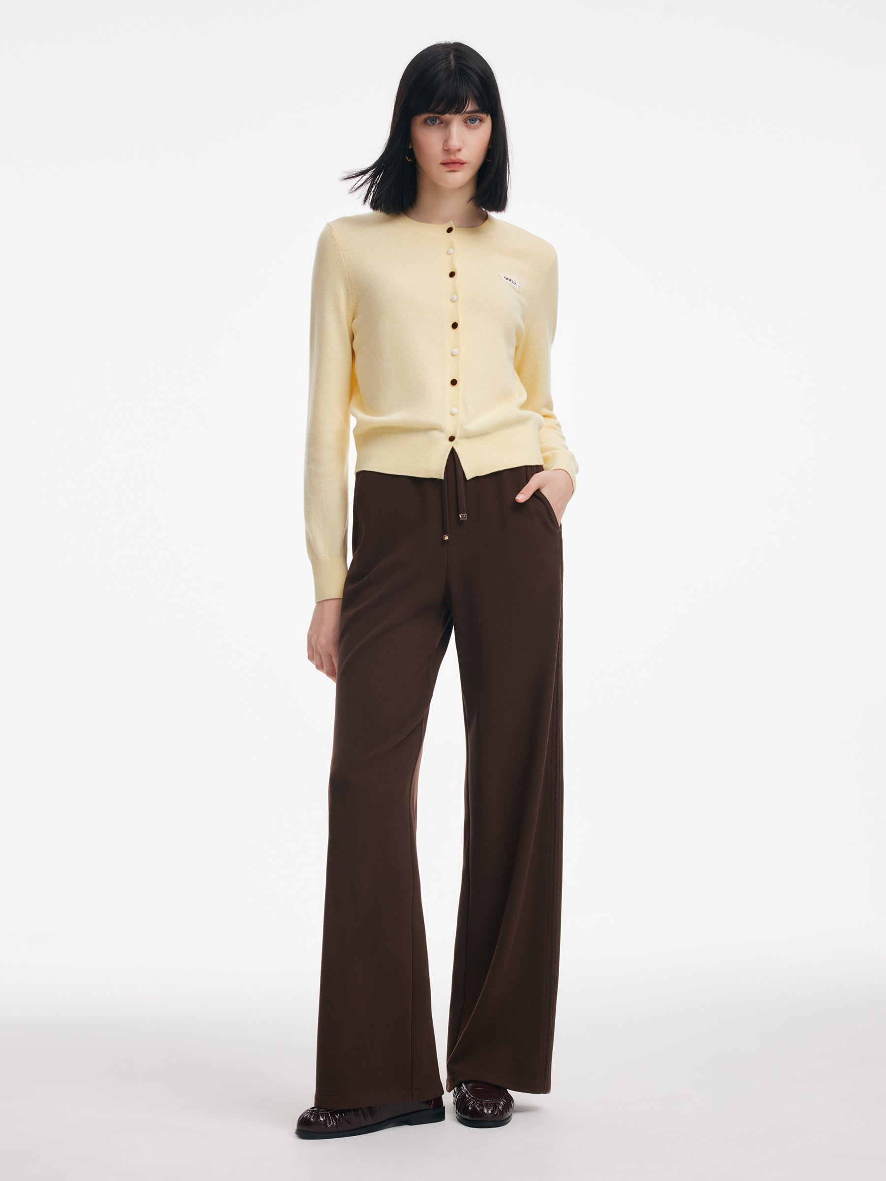 Embroidered Side Seam Drawstring Waist Women Knit Pants GOELIA