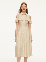 Pre-Order Tencel Acetate Linen Blend Cold Shoulder Women Maxi Dress GOELIA