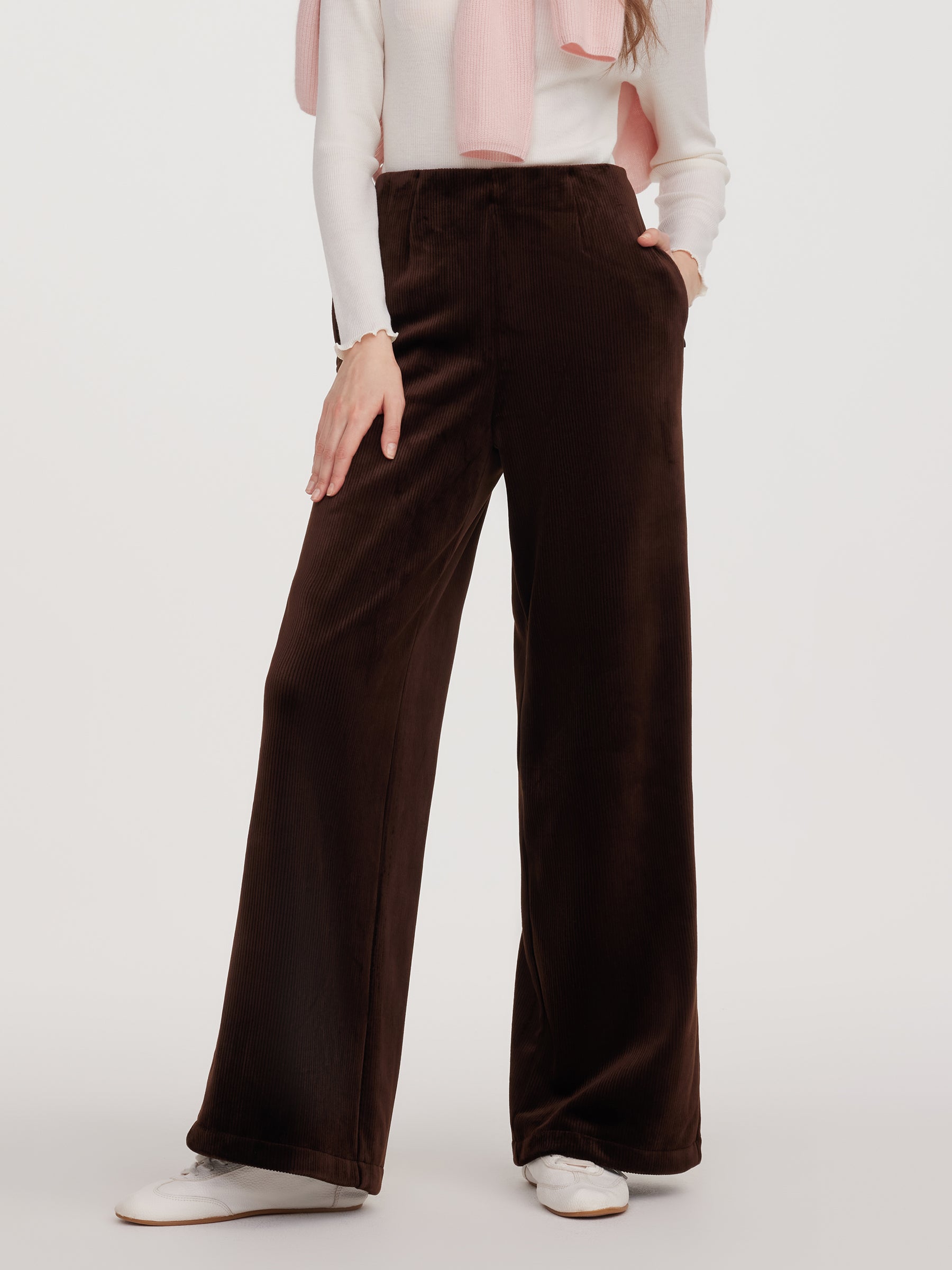 Velvet Ribbed Knit Women Loose Straight Leg Pants GOELIA