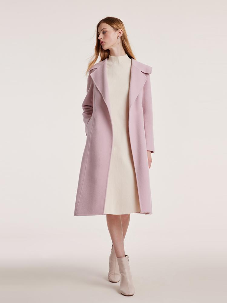 Pink Tencel Wool Double-Faced Lapel Coat With Belt GOELIA