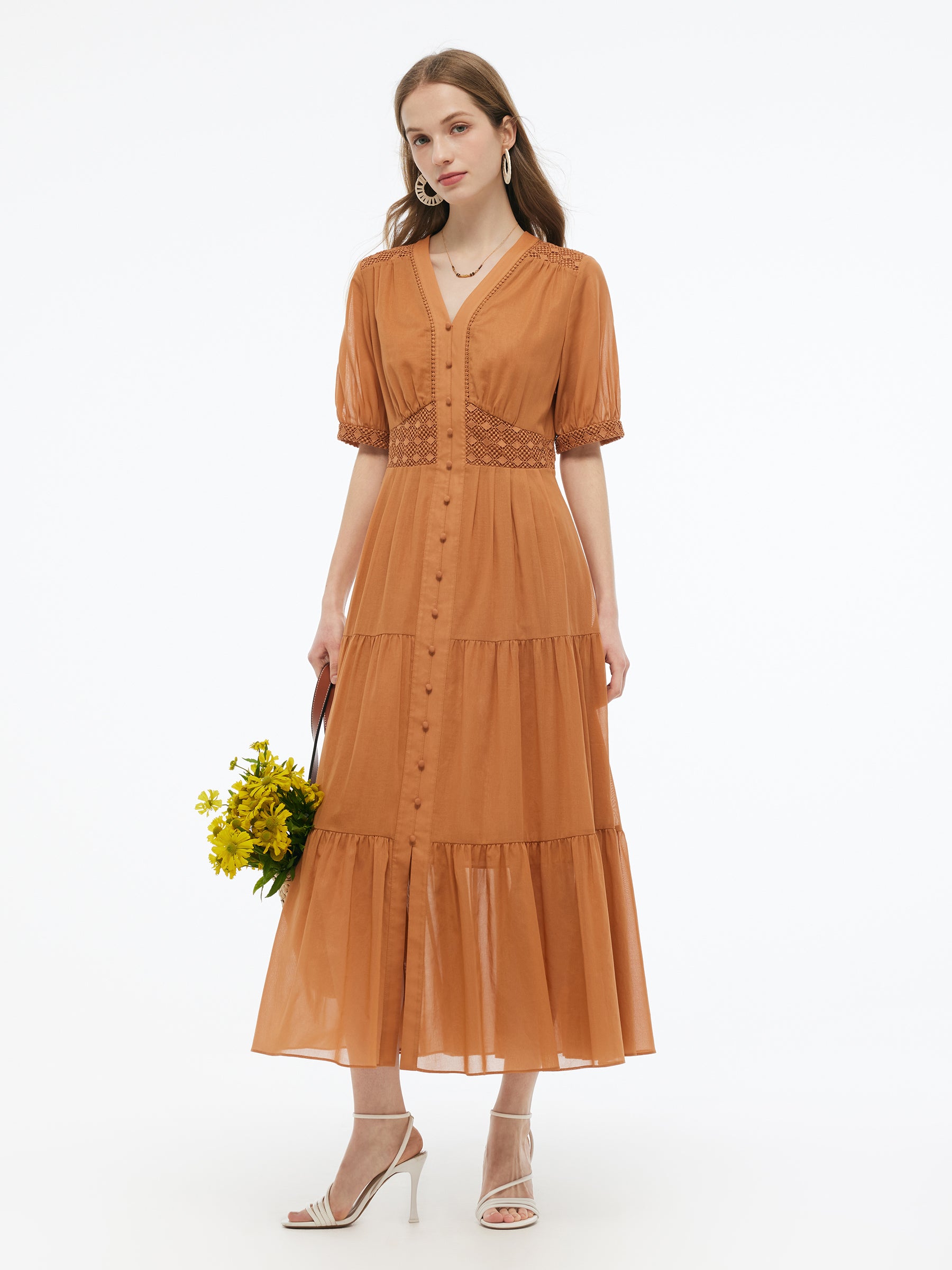 100% Cotton Patchwork Lace Embroidered Women Maxi Dress GOELIA