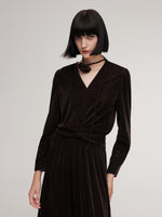 Velvet Twist Front Knit Top And Skirt Two-Piece Set With Floral Ribbon GOELIA