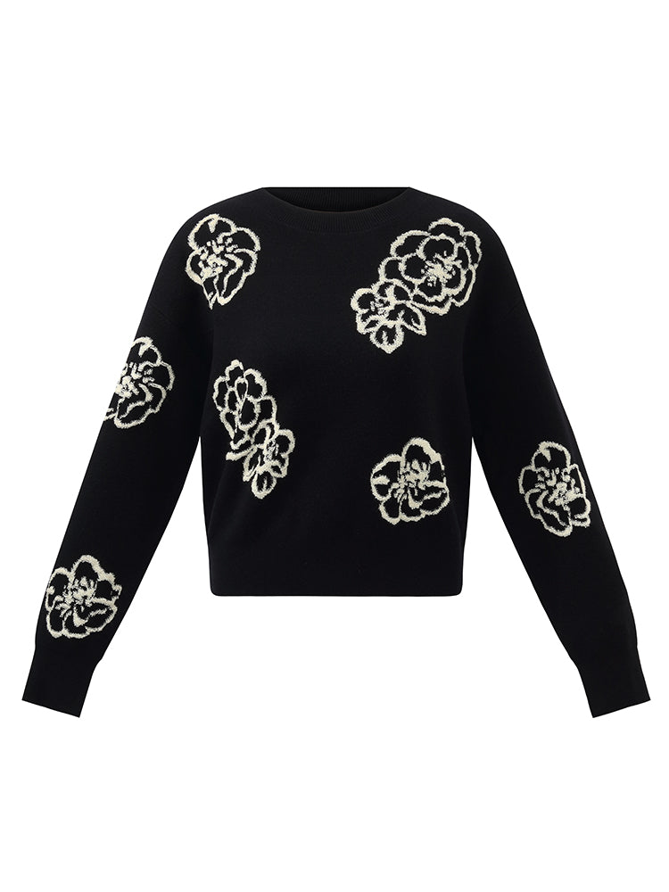 Floral Jacquard Round Neck Women Sweater GOELIA