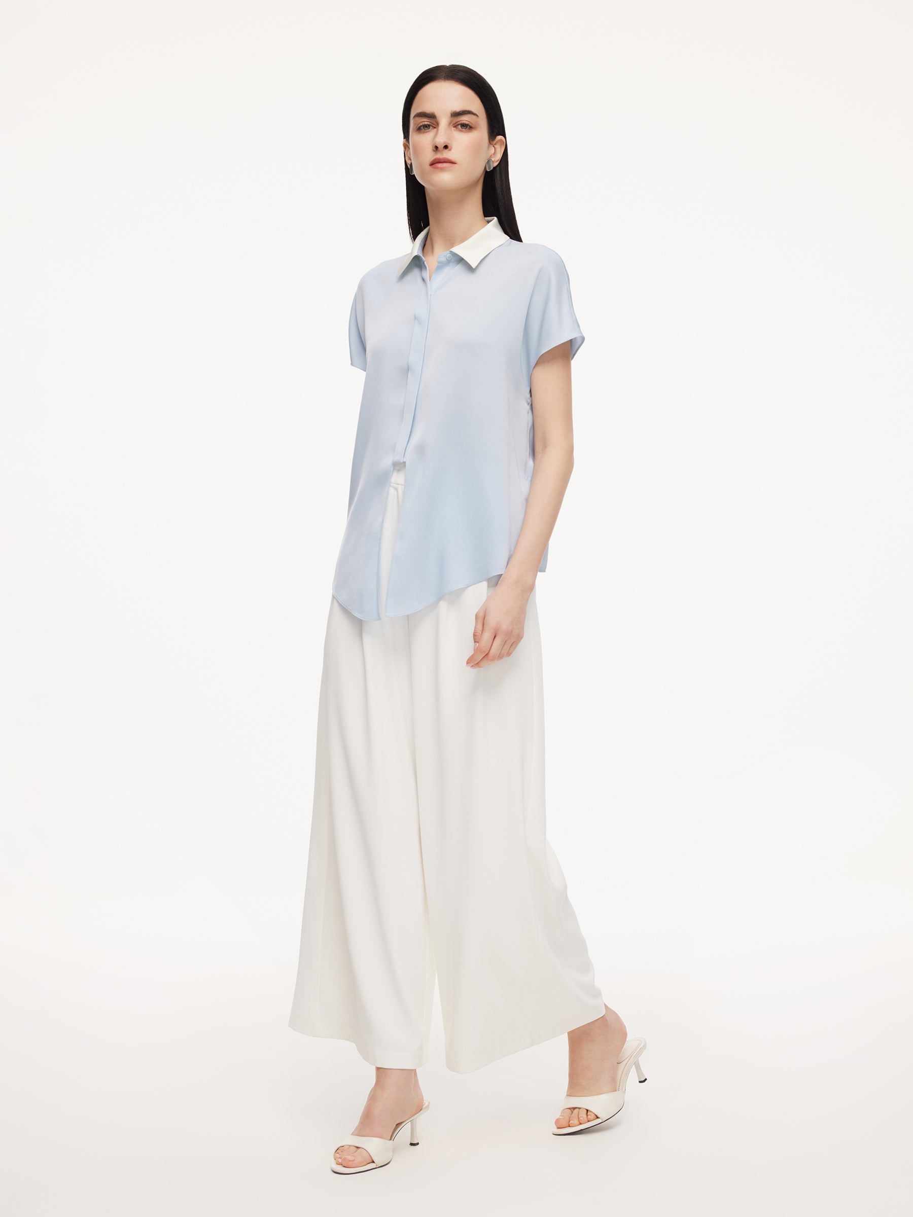 22MM Mulberry Silk Contrast Collar Tie Front Women Shirt GOELIA