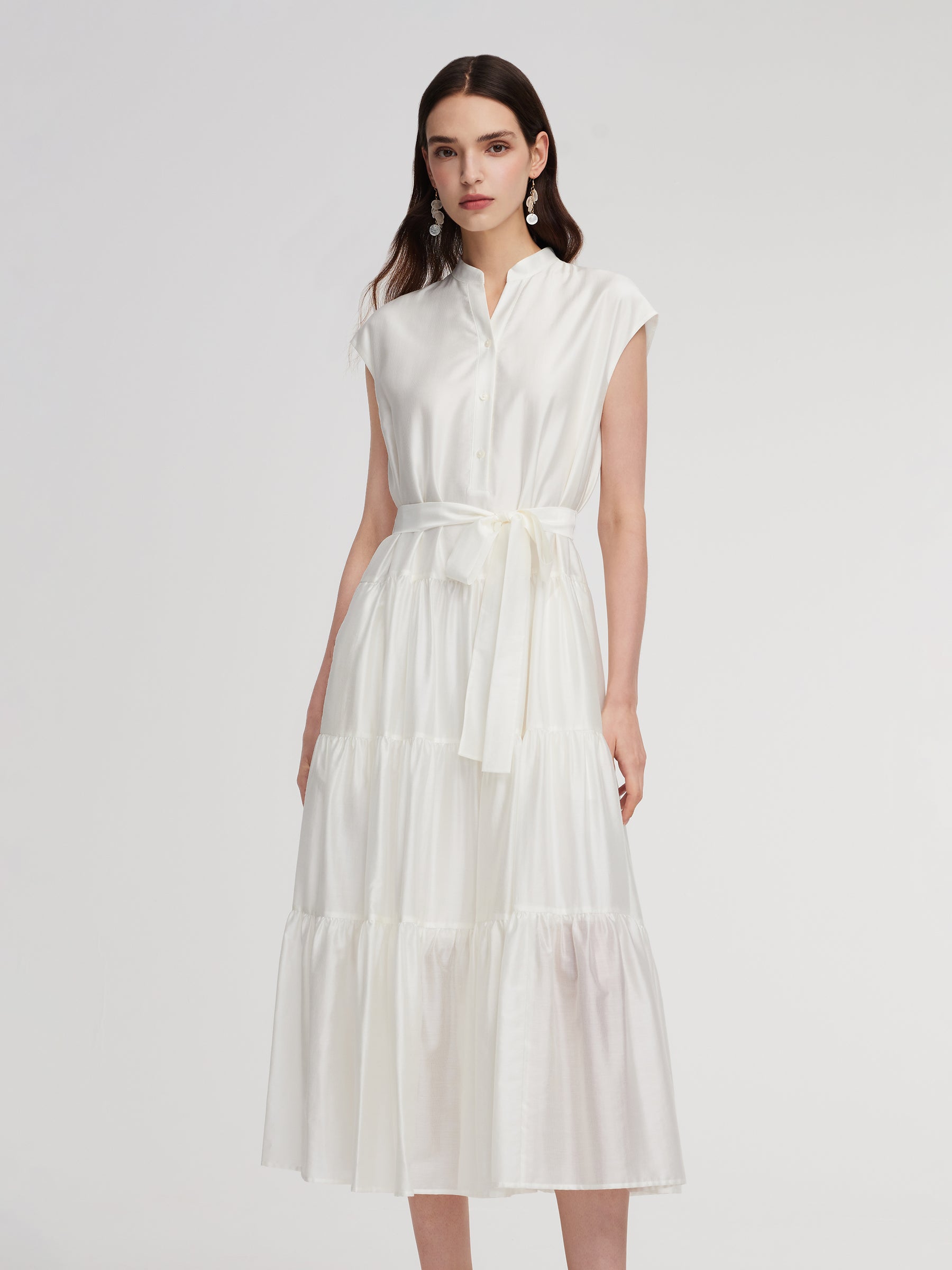 Tencel Blend Women V-Neck Maxi Dress Self Tie Belt Maxi Dress GOELIA